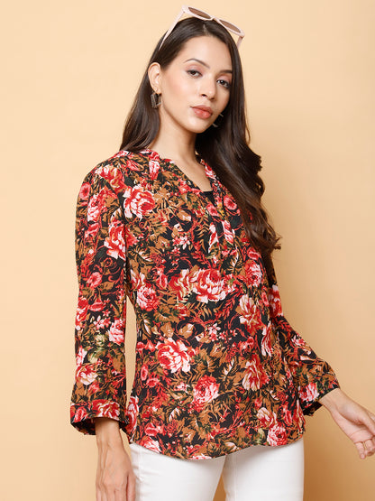 Floral Printed Mandarin Collar Top