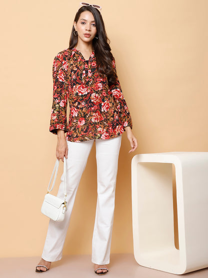 Floral Printed Mandarin Collar Top