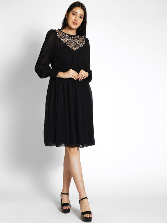 Puff Sleeves Embroidered Fit & Flare Dress